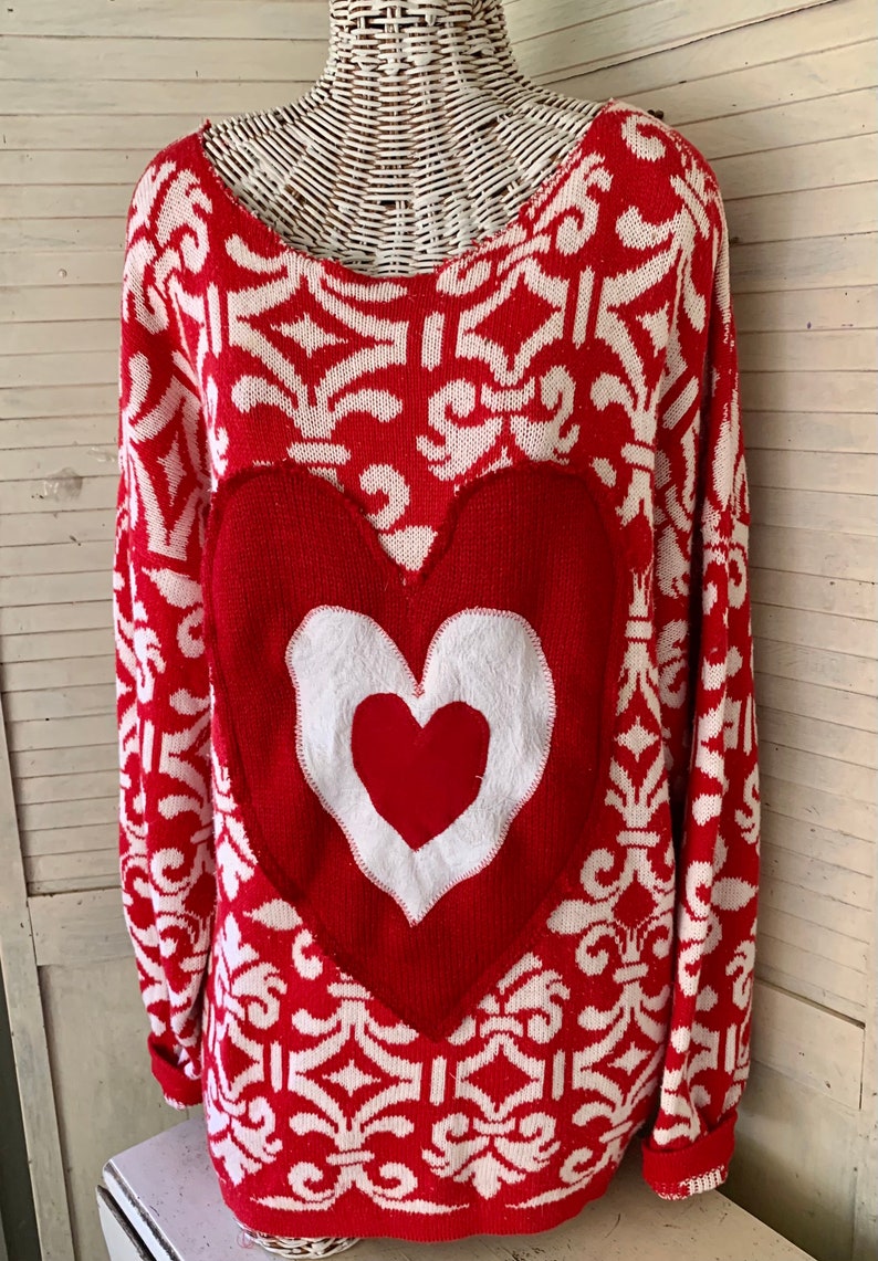 Valentine Hearts Sweater, Red-White Pullover, Funky Triple Heart Deco, Artsy Wearable, Plus Size, Washable , image 8