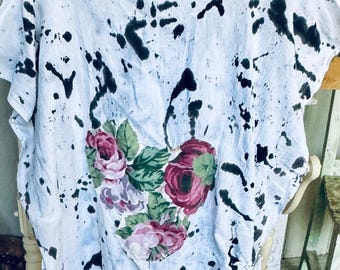 Loose, Cool, Summer  Shirt, Made from Flour Sack Cotton. One Size. Splash Paint, Appliqués.