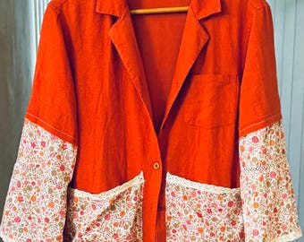 Lightweight Fall cropped Jacket, Linen and Rayon, Refashioned, Size L.