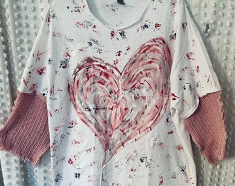 Heart Strings Valentine Shirt, Women’s Size XL, Hand Painted, Cotton, Altered Tee, Faux Crochet Sleeves, Spring ‘24