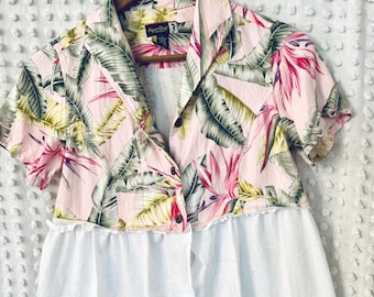 Summer Duster, Jeans Cover Up, Size Large, Recycled Rayon Shirt, Cotton Flour Sack Skirt.