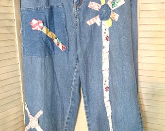 Women’s Decorated Jeans Flower Embellished Denims Size 16 cotton