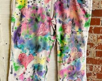 Pinwale Corduroy Women’s Pants, PLus Size, Heartstrings Collection, Watercolor Splashed, Hand Painted Hearts, Wide Leg Chic