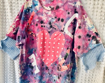 Berry Delightful, Valentine Love Tunic, Watercolor Splash Painted, Size 2X Altered Shirt, Cotton, Washable