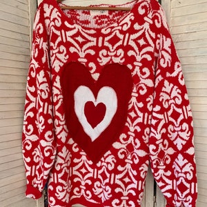 Valentine Hearts Sweater, Red-White Pullover, Funky Triple Heart Deco, Artsy Wearable, Plus Size, Washable , image 2