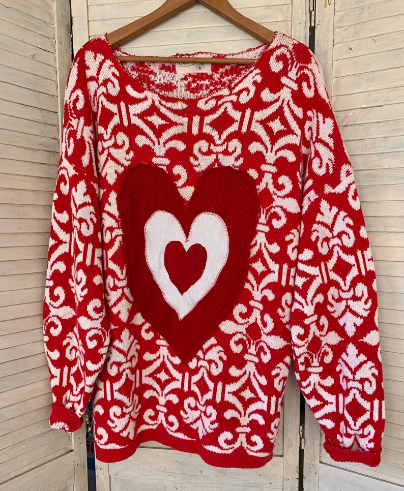 Valentine Hearts Sweater, Red-White Pullover, Funky Triple Heart Deco, Artsy Wearable, Plus Size, Washable , image 2