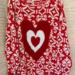 Valentine Hearts Sweater, Red-White Pullover, Funky Triple Heart Deco, Artsy Wearable, Plus Size, Washable , image 7