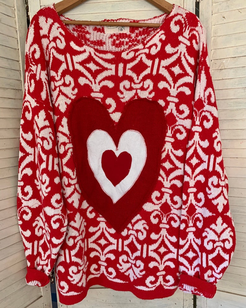 Valentine Hearts Sweater, Red-White Pullover, Funky Triple Heart Deco, Artsy Wearable, Plus Size, Washable , image 7