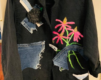 Women’s Jacket, Linen and Denim, Hand Paint, Raw Fringy Edges, Size Small, Black, Funky Grunge Funwear.