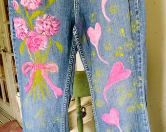 Valentine Jeans, Hand Painted Denims, Women’s Size 12, Levi’s Mid Rise Boot Cut, Rescued Art Wear