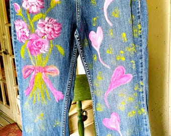 Hand Painted Levi's Jeans, Hearts Flowers Artwear, Women's Size 12