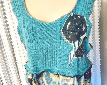 Summer Dress, Faux Crochet Top, Double Ruffle Skirt, Flower Deco, Poly Skirt,  Handmade