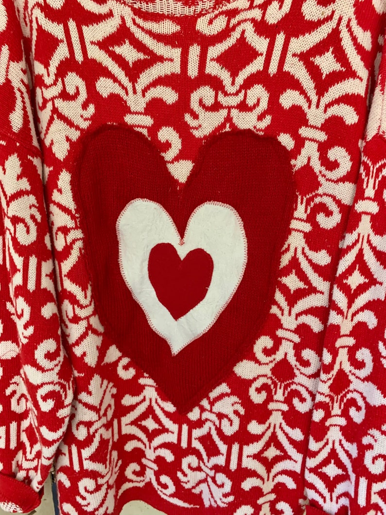 Valentine Hearts Sweater, Red-White Pullover, Funky Triple Heart Deco, Artsy Wearable, Plus Size, Washable , image 6