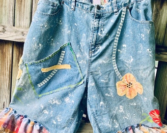 Women’s Painted-Appliqued Long Shorts, Size L(12-14), Refashioned Cotton Denim, Funky Art Wear