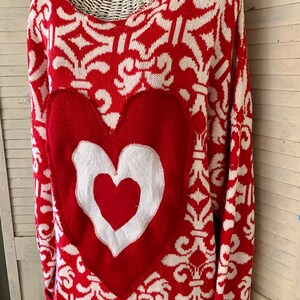 Valentine Hearts Sweater, Red-White Pullover, Funky Triple Heart Deco, Artsy Wearable, Plus Size, Washable , image 5