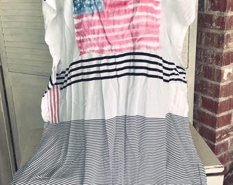 Hand Painted American Flag Dress, 100 Percent Cotton. Pop Over Shift, Size 2X.