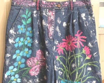 Women’s Denim Shorts, Hand Painted, Size 16  Wearable Art, Hi-Waist Retro.