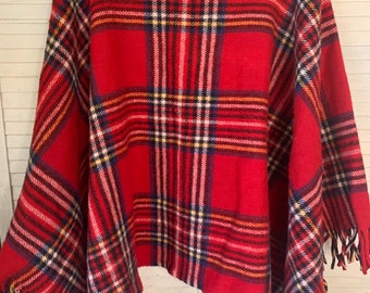 Red Plaid Poncho, 100 percent Pure Wool, One Size, Restyled Clothing, Super Warm Coverup