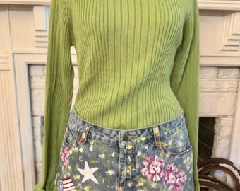 Denim Mini Skirt Funky Hand Painted Clothing. Size 11, Cotton