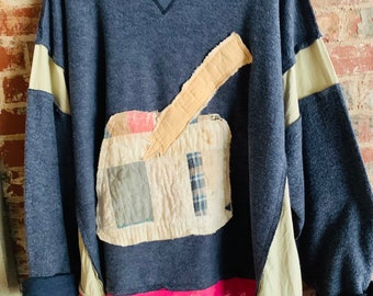 Quilt Pumpkin Sweatshirt, Size 4X, Vintage Quilt Deco, Folk Art Funwear, Sheerfab Handmade
