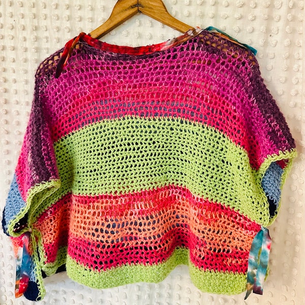 Colorful Crochet Woman's Top, One Size,  Handmade, Caftan Style, One Side Brights-Opposite Side Darks, Stretchy Soft Poly Yarn, Beach-Cruise