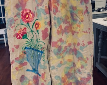 Women’s Pants, Hand Painted,  100 Percent Linen, Size 4, UpStyled Retro Clothing, Holiday Pastels, Watercolor Splashed Clothing