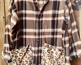 Women’s Flannel Fall Smock, Upcycled Brown Plaid Man’s Shirt. Leopard Trim.  Size M/L, Cozy Warm Coverup.