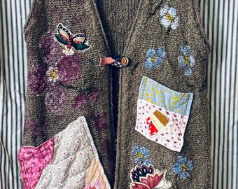 Hand-Painted Chenille Vest: Vintage Quilt Trim, Flower Deco, Size Large