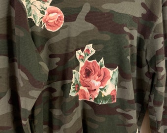 Roses and Camo Tee, Size XL, Artsy Appliqued Tops, Recycled Fun Wear, Cotton