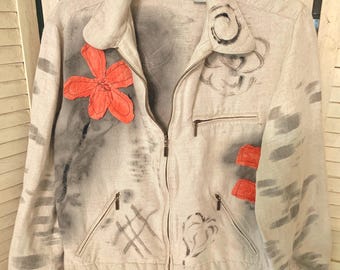 Splash Painted-Tie Dyed Jacket/ Flower Appliquéd Clothing/ Lightweight Fall Jacket/ Upcycled Funwear