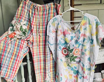 Drawstring Waist Cotton Pants, Painted Appliqued Flour Sack Summer Shirt, Size XL