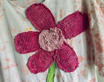 Vintage Applique Shirt, Big Pink Flower Pot, Hand-Painted, XL