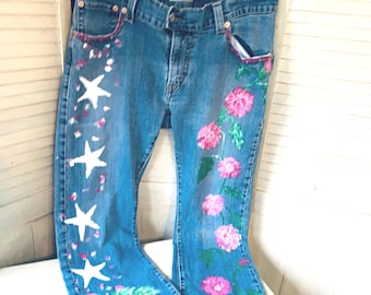 Hand Painted Levi Jeans, Women's Size 18, Retro Low Flare, Roses Stars Hearts