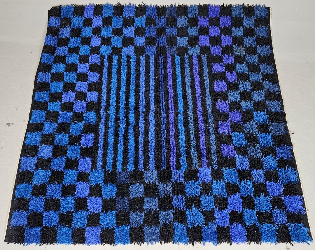 Vintage MCM 1950s Scandi Checked Blue / Black LARGE Rug - Etsy