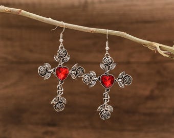 Thorned Rose Cross Earrings: Gothic Red Ruby Heart, Silver Plated
