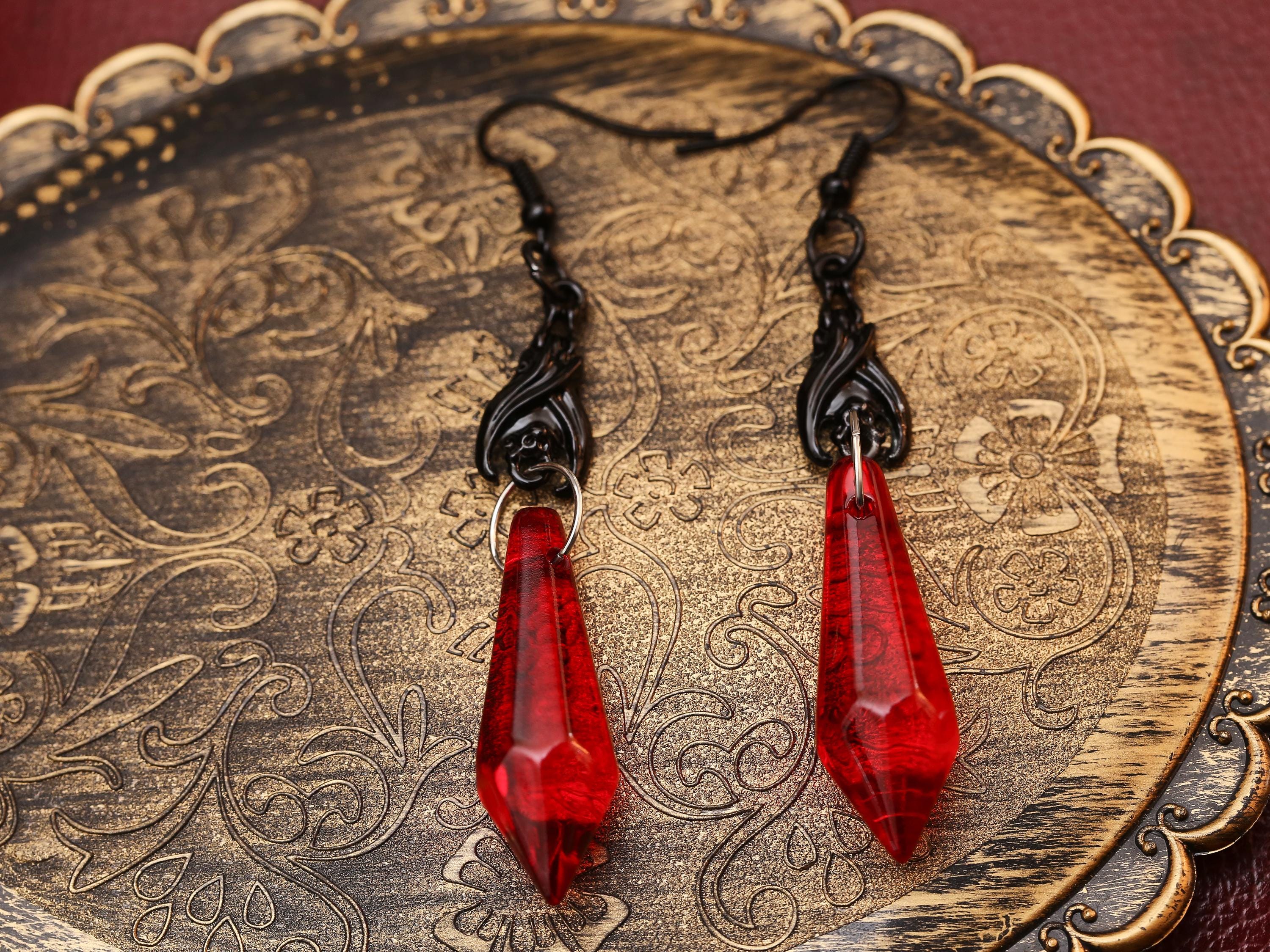 Orecchini Pendenti Gotici Pipistrello Con Cristalli Rosso E Nero - Gioielli Horror Stile Vampiro Per Halloween