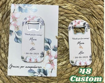 May include: Two white bottle openers with a floral design and the text "Thank you for coming! Marer Alex 06-06-2025" and "Gracias por acompañarnos".