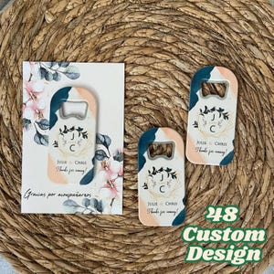 Personalisierte Hochzeitsgeschenke für Gäste in großen Mengen, 48 Designs und individuell verfügbar, rechteckige Herzballonform Flaschenöffner Magnet & Karte