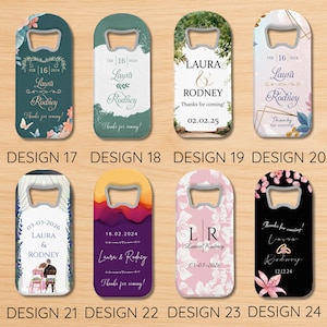 May include: A collection of personalized bottle openers with various designs. Each opener features a unique graphic, text, and date, with names like Laura and Rodney. Designs include floral, geometric, and abstract patterns, perfect for wedding favors.