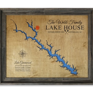 Lake Greenwood or any lake, Lake House Decor, Custom Lake Map, Cabin Lake Map
