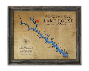 Lake Greenwood or any lake, Lake House Decor, Custom Lake Map, Cabin Lake Map