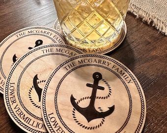Nautical Lake House Coasters, Gift, Housewarming, Personalized Wood Coasters, Lake Map, Hostess Gift