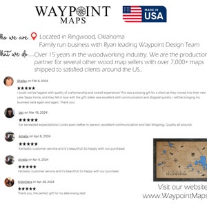Puede incluir: Sitio web de Waypoint Maps con un mapa de madera r&uacute;stico del Parque Nacional de Yellowstone. El sitio web presenta rese&ntilde;as de clientes e informaci&oacute;n sobre la ubicaci&oacute;n y los servicios de la empresa. El texto "Visite nuestro sitio web www.WaypointMaps.com" se muestra en la parte inferior de la imagen.