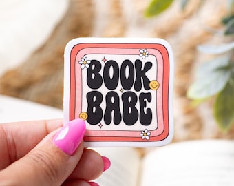 Book Babe Bookish Sticker, Waterproof Stickers, Gifts for Readers, Pink Retro Flower design for laptops and water bottles, 2"x2"