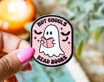 Halloween Bookish Sticker - Cute Pink Ghost Kindle Sticker, Hot Ghouls Read Books, Gift for Book Lovers, Spooky Season & Black Bats, 1.6"x2"