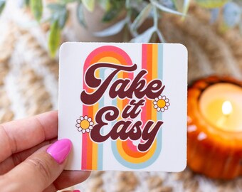 Take It Easy Retro Sticker: Groovy Rainbow Waterproof Decal, 3" x 3"