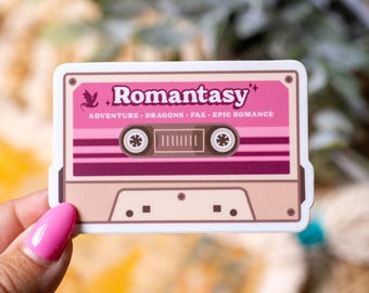 Romantasy Sticker – Retro Cassette Vinyl Bookish Decal, Waterproof Fantasy Romance Sticker for Laptop, Kindle, Book Lovers - 1.95"x3"