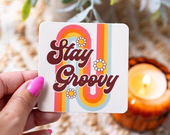 Stay Groovy Retro Sticker – 70s Aesthetic Vinyl Sticker, Cute Vintage Rainbow Sticker, Boho Daisy Laptop & Water Bottle Decal, 3"x3"