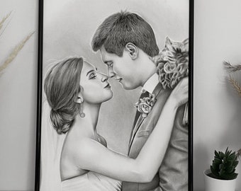 May include: A black and white pencil drawing of a couple in a romantic embrace. The woman is wearing a white dress and the man is wearing a suit. They are looking at each other with love and affection.