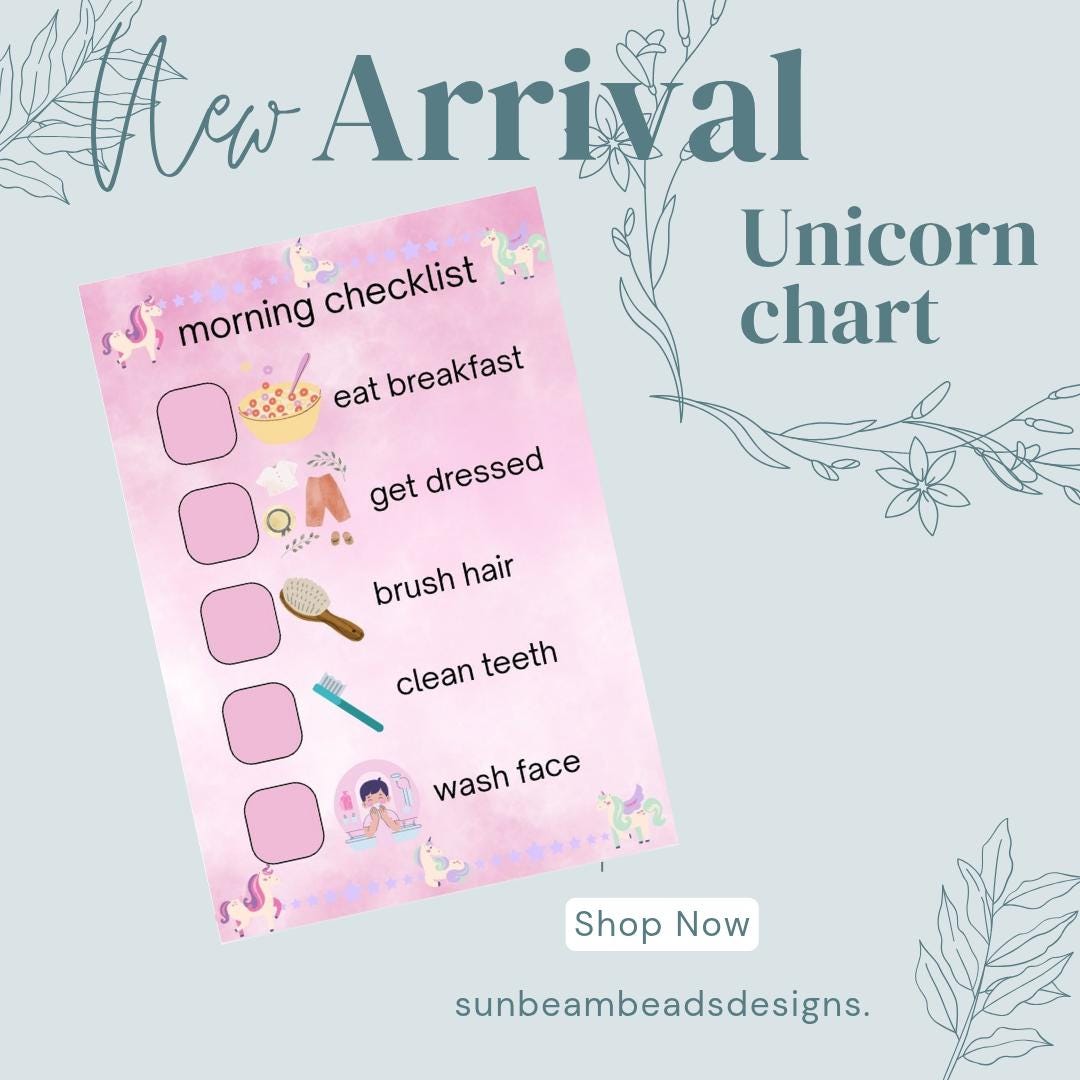 Morning Routine Checklist Childrens / Kids Pink Unicorns. Autism / ASD
